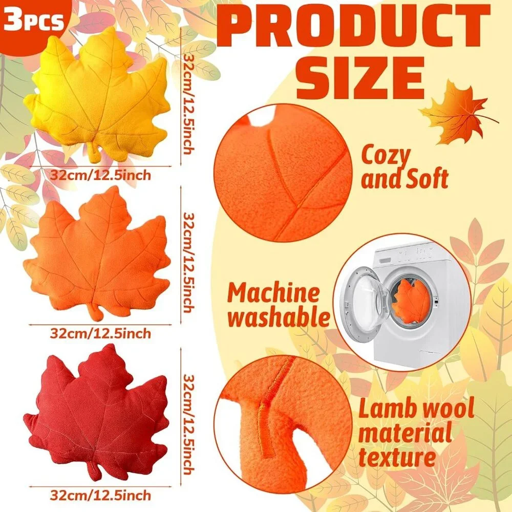 3 Pcs Fall‎ Maple Leaf Pillow - 3D Autumn Throw Cushions for Home, Couch, Car